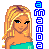 Pixel art contact sheet of a blonde woman in turquoise top across six animated frames with blue text columns on the right.
