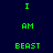 Green pixelated text "I AM BEAST" on dark blue background with white rectangular overlays shifting across the