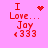 Red pixelated text on pink background reads "I Love... Joy <<333" with a heart symbol above the 'Love' line in one frame and a dotted starburst pattern in another.