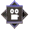 A pixelated icon with a dark background shows two white circular eyes and a rectangular mouth, framed by layered diamond shapes in blue and gray.