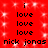 Red background with white sparkles, black text 'i' at top center and bottom center, repeated 'love' in middle, 'nick jonas' text below each 'love' section