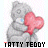 A gray teddy bear holds a pink heart-shaped balloon, with text below reading 'TATTY TEDDY' in black letters that change color across frames.