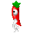 Pixelated red chili pepper character with green leafy top, white limbs, single large eye, walking in three sequential poses against gray background.
