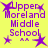 Yellow background with purple text reading "Upper Moreland Middle School" and purple star shapes in four corners, with two small purple dots below the text.
