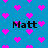 Blue background with scattered pink pixelated hearts and four instances of the text "Matt" in black block letters.