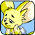 Static pixel art icon of a yellow cartoon animal with large ears and closed eyes, set against a light blue background.
