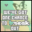 Pixelated icon with text 'WE'VE GOT ONE CHANCE TO break OUT', green and gray heart symbols, blurred background of figures in motion.