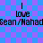 Blue and purple checkered background with repeated text 'I love Sean/Mahad' in black pixelated font across two