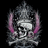 Pixelated icon with skull and crossbones, pink horns, purple text 'Love' and 'BLACK', and a small heart on black background.