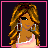Pixel art contact sheet of a female character with long wavy hair holding an umbrella, wearing a pink top and light blue shorts across multiple frames showing different poses and text variations.