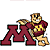 Pixelated mascot in maroon uniform holding a football next to large red M logo on white background, with separate frame showing text "CoolBuddy.com" on teal background.