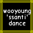Pixelated text 'wooyoung', 'ssanti', and 'dance' in white on black background with yellow lines