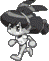 Six grayscale pixel art frames of a character with dark hair and light clothing in various running poses against a solid gray background.