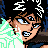 Pixelated anime-style character with brown hair and blue eyes, wearing a dark blue outfit with green energy effects on the left side.