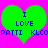 Two green heart shapes on a bright pink background with blue pixelated text reading "I LOVE PATTI KLCO" in a static image.