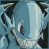 Blue reptilian character with sharp teeth and angular features, displayed in a with changing text overlays