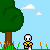 Pixel art animation of a character in yellow clothing swinging a golf club on a course with trees, clouds, and flagpoles.
