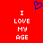 Red background with blue pixelated heart symbol above white text reading "I LOVE MY AGE" in two identical vertical