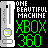 Pixelated static icon featuring a gray Xbox 360 console on the left and text reading "ONE BEAUTIFUL MACHINE" in white above green "XBOX 360" text on a black background.