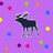Pixelated black moose with white antlers stands on purple background surrounded by scattered colored squares.
