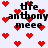 Pixelated red hearts float over repeated text 'tfe anthony meee' on a light background.