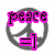 Four gray peace sign icons with pink text and symbols: 'peace =]' top-left, 'lurv <3' top-right, 'adl. friends' bottom-left, and a pink exclamation mark bottom-right.