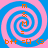 Four identical spiral patterns with alternating blue and pink stripes, each containing orange text and symbols arranged vertically and horizontally.