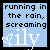 Pixelated blue square icon with black text reading 'running in the rain, screaming' and white stylized lowercase letters 'ily' below.