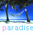 Pixelated beach scene with palm trees and blue sky, overlaid text reading 'paradise' in pink and light blue.