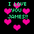 Pixelated green text "I LOVE YOU JAMES!!" repeats across a black background with scattered pink hearts.