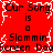 Red background with black text repeating 'Our Song is a Slammin Screen Door' in pixelated font, surrounded by white static-like noise.