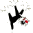 Pixelated cartoon character in mid-air pose with white sparkles, black body, red accents on face, and gray background.