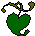 Pixelated green heart-shaped icon with brown vine-like extensions, transitioning through yellow-green gradient states on a gray background.