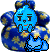 Pixelated blue character with dark hair buns, hands clasped near face, standing before a starry background with smaller blue figure below.