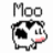 A 48x48 pixel animated buddy icon split into two frames showing a cow and text, with the left frame displaying "Moo" above a cartoon cow and the right frame showing red text on black background.