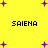 Yellow background with purple plus signs scattered ; four instances of the text 'SAIENA' in black pixelated font arranged in a pattern