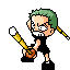 Pixel art character with green hair and black shorts holding a yellow sword, shown in multiple poses including static stances and dynamic swinging motions.