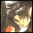 Animated pixelated image of a character with brown hair and yellow eyes, wearing a white shirt with an orange detail, against a dark background with white and yellow highlights.