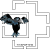 Pixelated figure with dark body and blue accents stands inside white square frame against gray background.