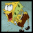 A 4-frame contact sheet of a pixelated Spongebob Squarepants animation showing sequential running motion with tongue out, displayed in a yellow border on the right side and black borders elsewhere.