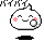A 4-frame pixel art animation of a white, rounded cartoon character with pink cheeks and closed eyes, holding a circular object that changes position across frames.