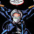 Pixelated figure with outstretched arms, holding golden objects, against a black background with a circular light effect above.