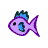 Pixelated fish icon with purple body, blue eye and fin accents, black pupil, green dorsal fin details on gray background.