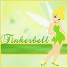 Pixelated image of a female character with blonde hair in a bun, green dress, and white wings standing against a light green background with the text "Tinkerbell" in green script.