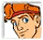 Pixelated cartoon head with orange hair and red band, blue eyes, smiling face in two side-by-side views showing different facial expressions.
