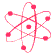 Atomic orbital pattern with orbiting dots in pink, purple, blue, and light blue hues on gray background.