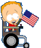 Pixelated cartoon character with blonde hair in a wheelchair holding an American flag, eyes closed and mouth open.