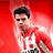 Pixelated static image of a person in red and white sports attire against a solid red background with gradient effects.