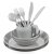 Gray-scale pixel art of a teacup and saucer with three slender objects resembling chopsticks or straws protruding from the cup.