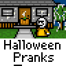 Animated contact sheet showing 20 sequential frames of a Halloween-themed buddy icon featuring a yellow stick figure running in front of a haunted house with green bushes and blue sky background, each frame labeled "Halloween Pranks" below the scene.